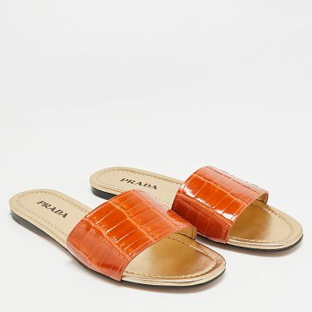 Brown Croc Embossed Leather Flat Slide