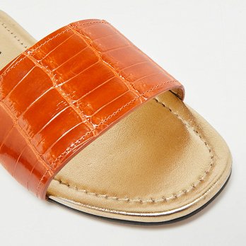 Brown Croc Embossed Leather Flat Slide