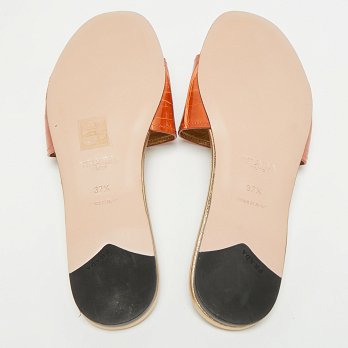 Brown Croc Embossed Leather Flat Slide