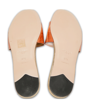 Brown Croc Embossed Leather Flat Slide