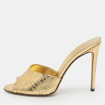 Gold Metallic Faux Croc Effect Leather Slide Sandals