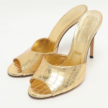 Gold Metallic Faux Croc Effect Leather Slide Sandals