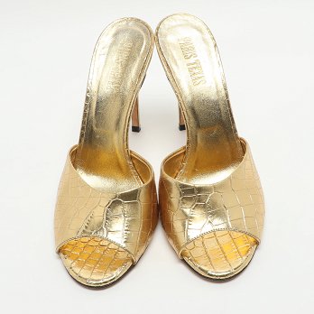 Gold Metallic Faux Croc Effect Leather Slide Sandals