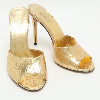 Gold Metallic Faux Croc Effect Leather Slide Sandals