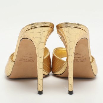 Gold Metallic Faux Croc Effect Leather Slide Sandals