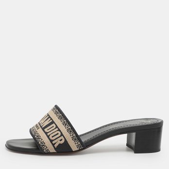 Dway Logo Embroidered Blue/Beige Fabric Slide Sandals
