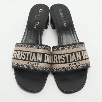 Dway Logo Embroidered Blue/Beige Fabric Slide Sandals