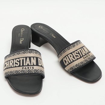 Dway Logo Embroidered Blue/Beige Fabric Slide Sandals