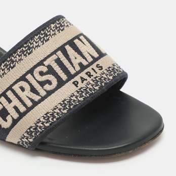 Dway Logo Embroidered Blue/Beige Fabric Slide Sandals