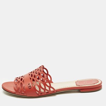 Red Laser Cut Leather Tattoo Peep Toe Slides
