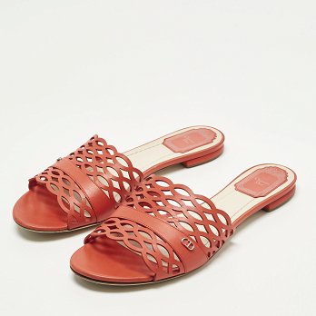 Red Laser Cut Leather Tattoo Peep Toe Slides