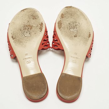 Red Laser Cut Leather Tattoo Peep Toe Slides