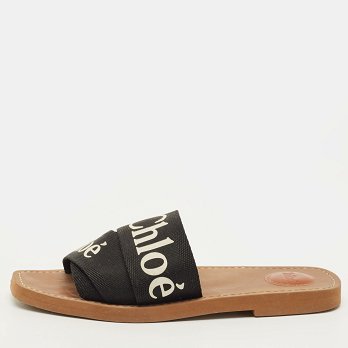 Woody Black Canvas Flat Slides