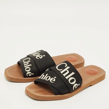 Woody Black Canvas Flat Slides