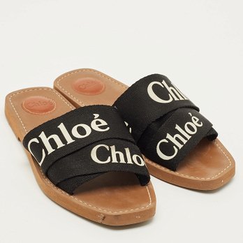 Woody Black Canvas Flat Slides