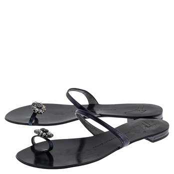 GIU Black Leather Crystal Embellished Toe Ring Flats Size 38