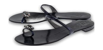 GIU Black Leather Crystal Embellished Toe Ring Flats Size 38