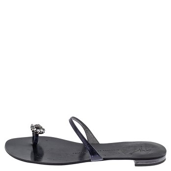 GIU Black Leather Crystal Embellished Toe Ring Flats Size 38