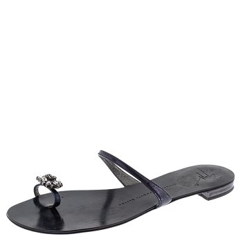 GIU Black Leather Crystal Embellished Toe Ring Flats Size 38