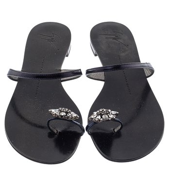 GIU Black Leather Crystal Embellished Toe Ring Flats Size 38