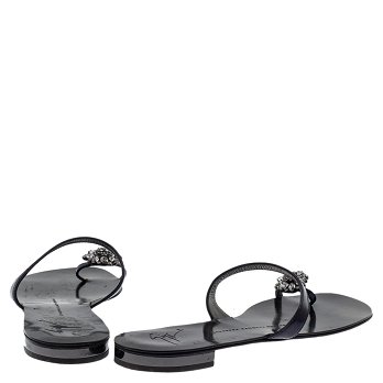 GIU Black Leather Crystal Embellished Toe Ring Flats Size 38