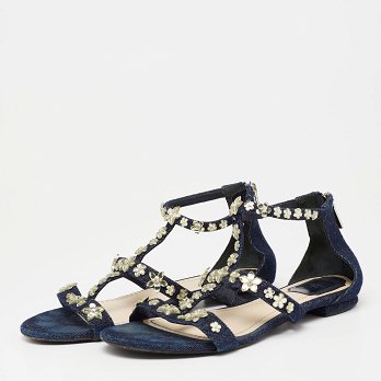 Blue Denim Jewel Embellished Strappy Flat Sandals