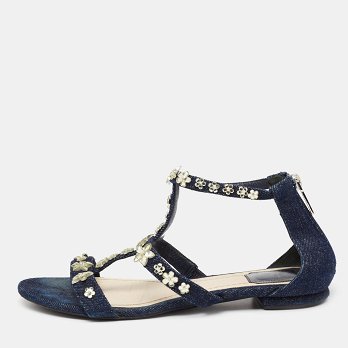 Blue Denim Jewel Embellished Strappy Flat Sandals