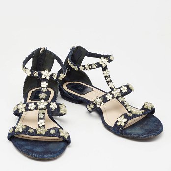 Blue Denim Jewel Embellished Strappy Flat Sandals
