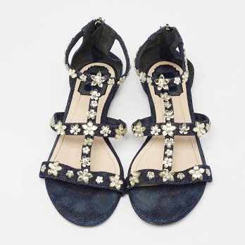 Blue Denim Jewel Embellished Strappy Flat Sandals