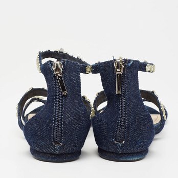 Blue Denim Jewel Embellished Strappy Flat Sandals