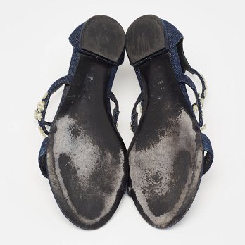 Blue Denim Jewel Embellished Strappy Flat Sandals