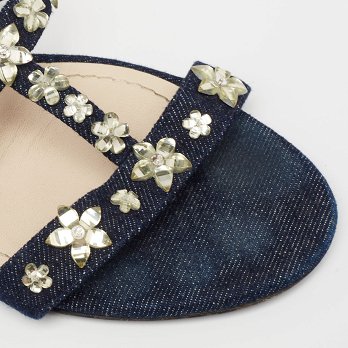Blue Denim Jewel Embellished Strappy Flat Sandals