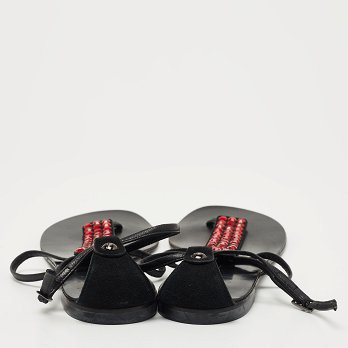 GIU Black Suede and Leather Crystal Embellished T-Strap Flat Sandals Size 40