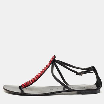 GIU Black Suede and Leather Crystal Embellished T-Strap Flat Sandals Size 40