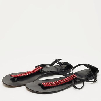 GIU Black Suede and Leather Crystal Embellished T-Strap Flat Sandals Size 40