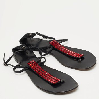 GIU Black Suede and Leather Crystal Embellished T-Strap Flat Sandals Size 40