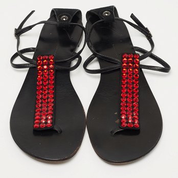 GIU Black Suede and Leather Crystal Embellished T-Strap Flat Sandals Size 40