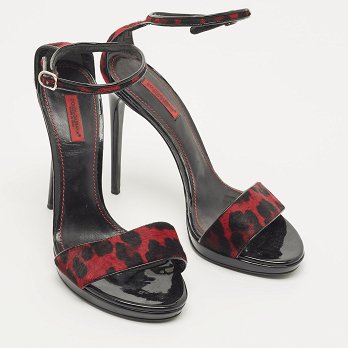 Black/Red Leopard Print Calf Hair Ankle Strap Sandals