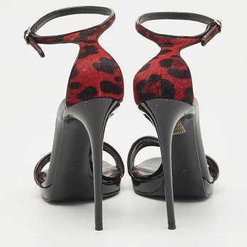 Black/Red Leopard Print Calf Hair Ankle Strap Sandals
