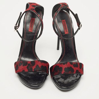 Black/Red Leopard Print Calf Hair Ankle Strap Sandals
