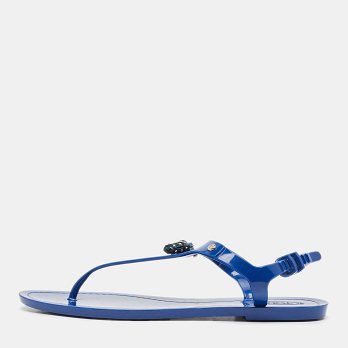 Blue Rubber Studded Tassel Flat Thong Sandals