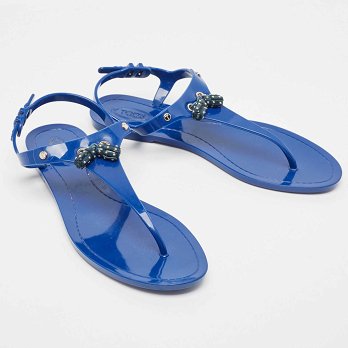 Blue Rubber Studded Tassel Flat Thong Sandals