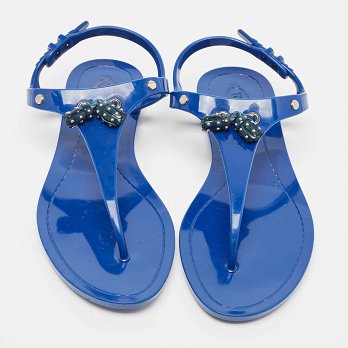 Blue Rubber Studded Tassel Flat Thong Sandals