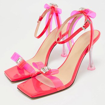 Neon Pink PVC and Patent Leather French Bow Square Sandals