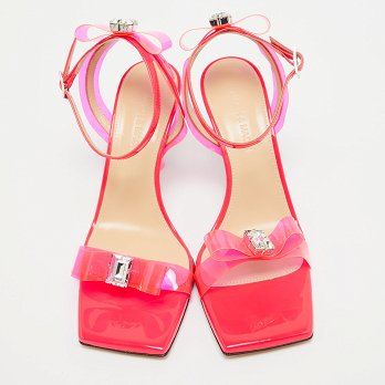 Neon Pink PVC and Patent Leather French Bow Square Sandals