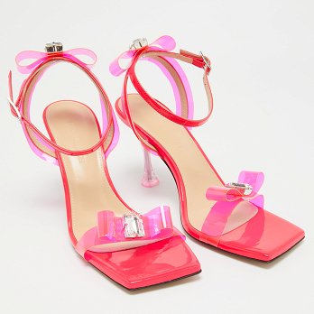 Neon Pink PVC and Patent Leather French Bow Square Sandals