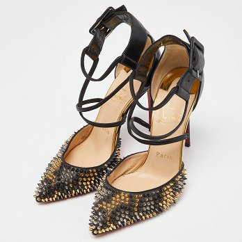 Black & Patent Leather Suzanna Spikes Leo Ankle Cuff Sandals