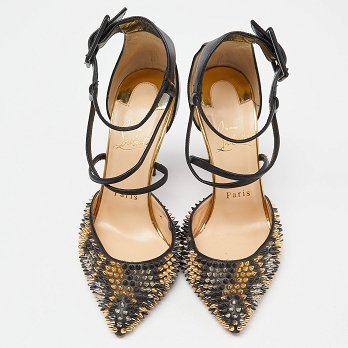 Black & Patent Leather Suzanna Spikes Leo Ankle Cuff Sandals