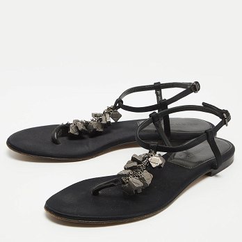 Black Satin Embellished Thong Flat Sandals