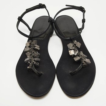 Black Satin Embellished Thong Flat Sandals